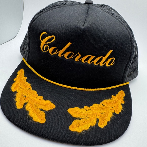 Unbranded Other - Vtg Colorado SCRIPT Trucker Hat OSFA Black Yellow Scrambled Eggs Mesh Snapback